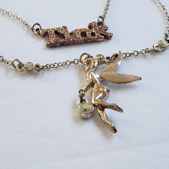 Fairy y2k Silver Tinkerbell Charm Rhinestone necklace Set pink iridescent gems - Picture 3 of 10